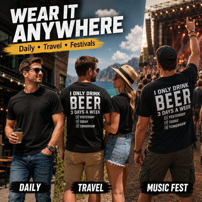 🍺 "I Only Drink Beer 3 Days A Week" Funny Back Print Graphic T-Shirt