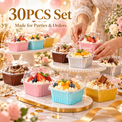 🧁 30-Pack Mini Aluminum Foil Cake Pans Bakeware Set with Plastic Lids 5oz