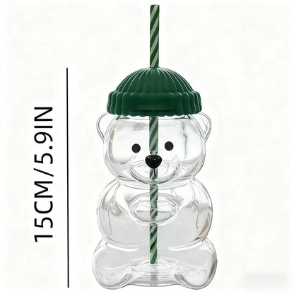 2026 New Cute Beaar Glass Tumbler with Bear Lid & Strawberry Straw