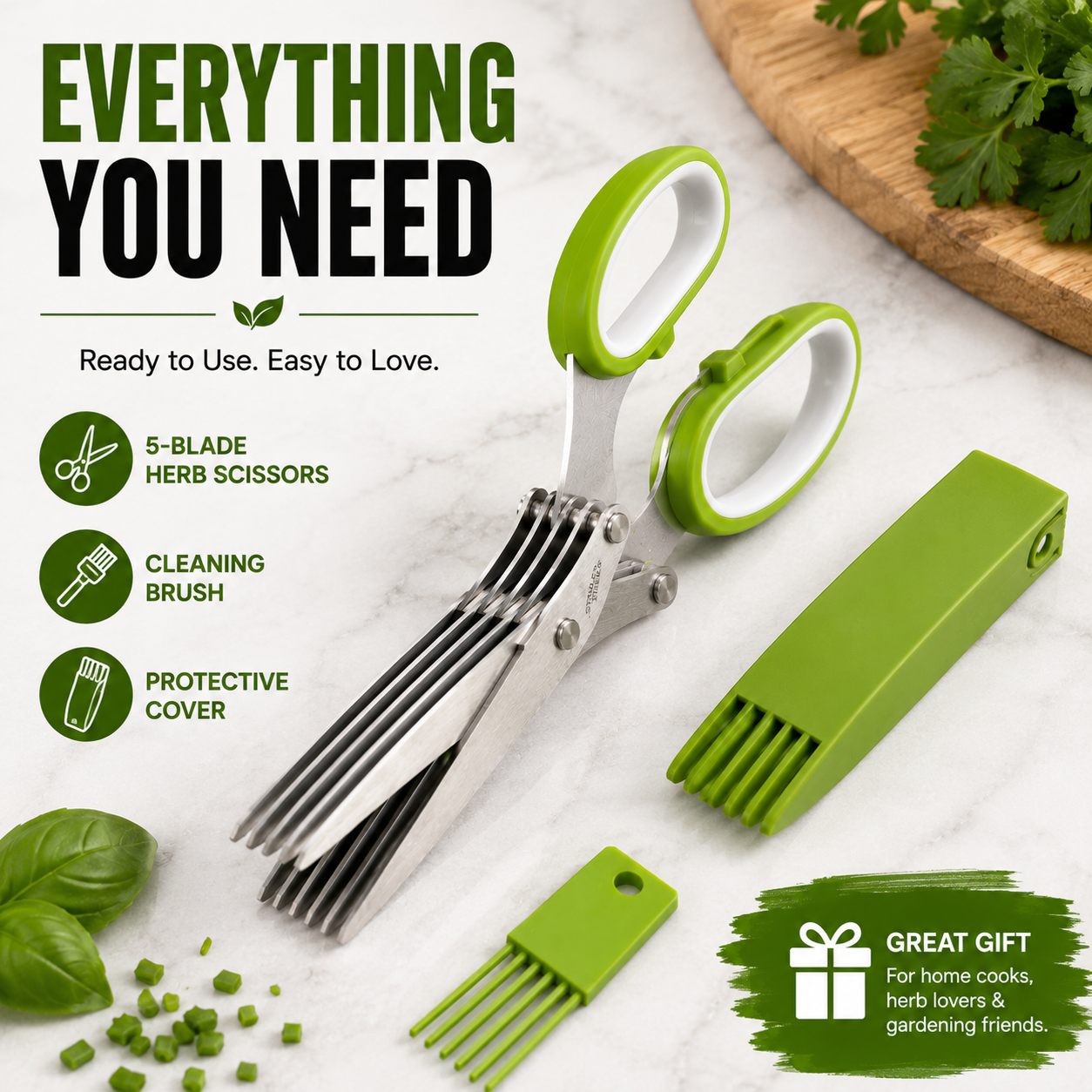 Five blade herb scissors with cleaning brush and protective cover