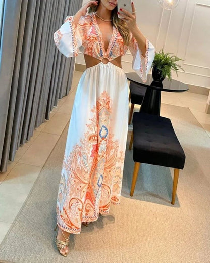 🔥Big sale - Bohemian deep V-neck sexy backless print long dress