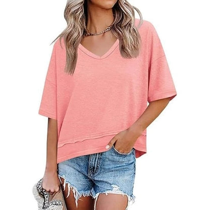 Women Summer V Neck T Shirts Casual Short Sleeve Flowy Tops Cute Loose Fit Basic Tees Summervibes