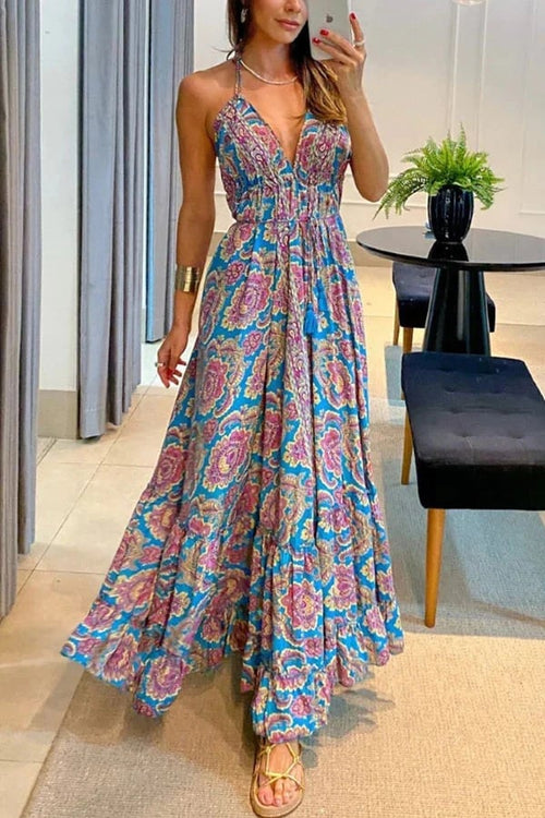 Casual V-neck Open Back Printed Dress