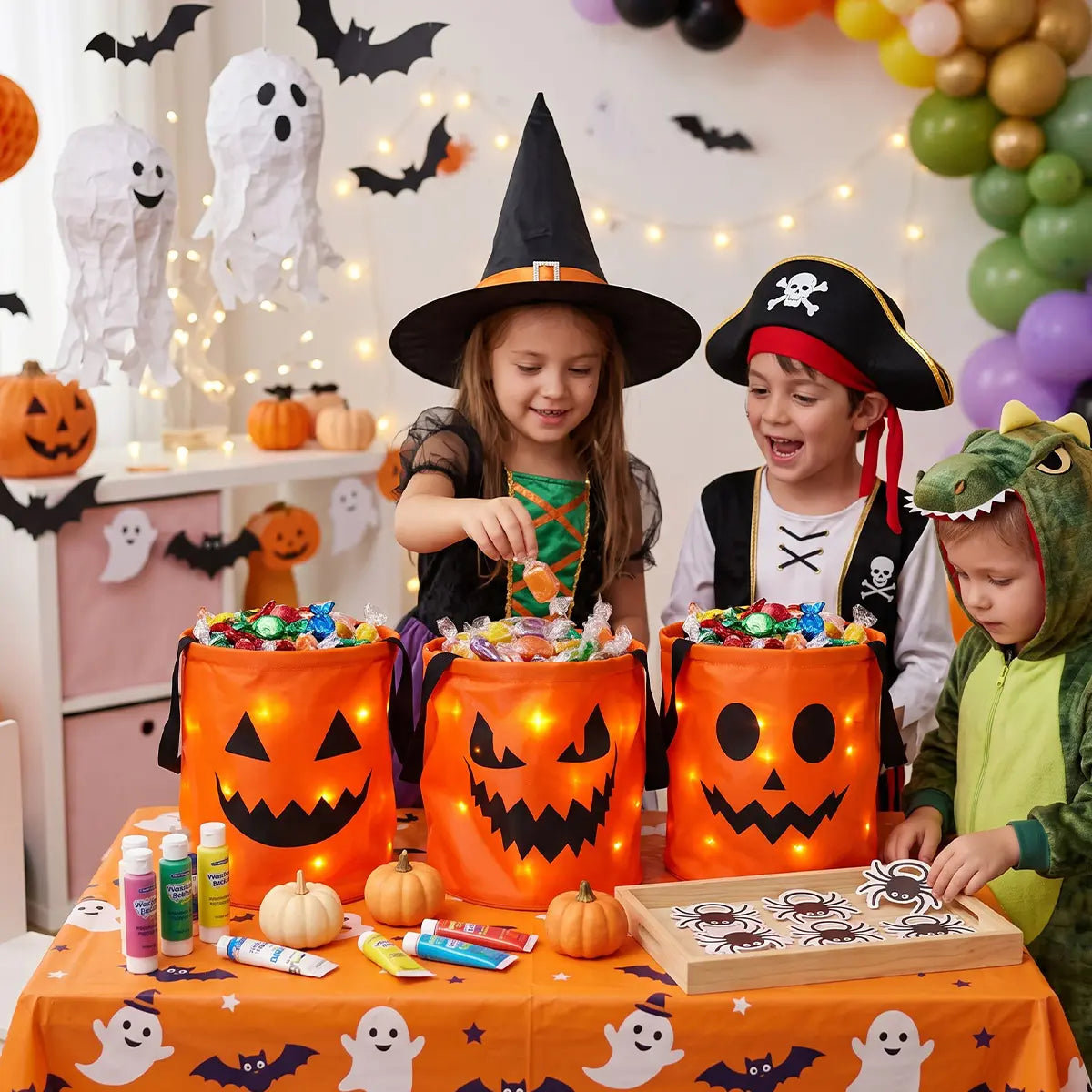 3/4 Pcs Halloween LED Candy Bucket – Reusable Non-Woven Trick or Treat Tote Bags