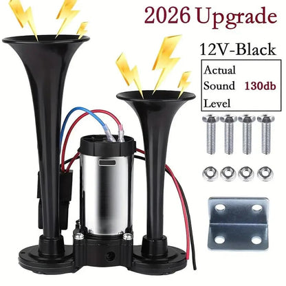 🚗🔧2026 Upgraded 12V Dual Air Horn Kit – 130DB Super Loud Dual Horn with Compressor for Cars, Trucks, SUVs, Boats & More