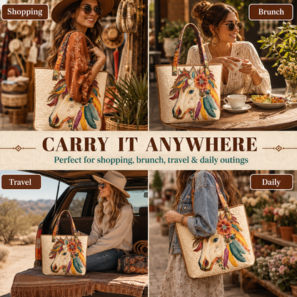 Vintage Boho Floral Horse Quilted Tote Bag👜
