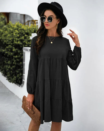 Long Puff Sleeve Shirt Dress Casual Crewneck Loose Fit Sundress Trendy Tiered Layer Summer Mini Dresses