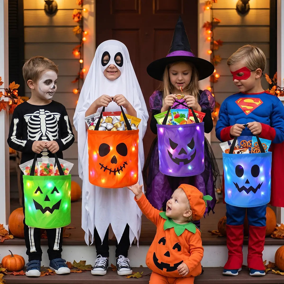 3/4 Pcs Halloween LED Candy Bucket – Reusable Non-Woven Trick or Treat Tote Bags