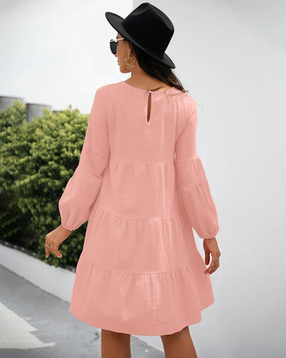 Long Puff Sleeve Shirt Dress Casual Crewneck Loose Fit Sundress Trendy Tiered Layer Summer Mini Dresses