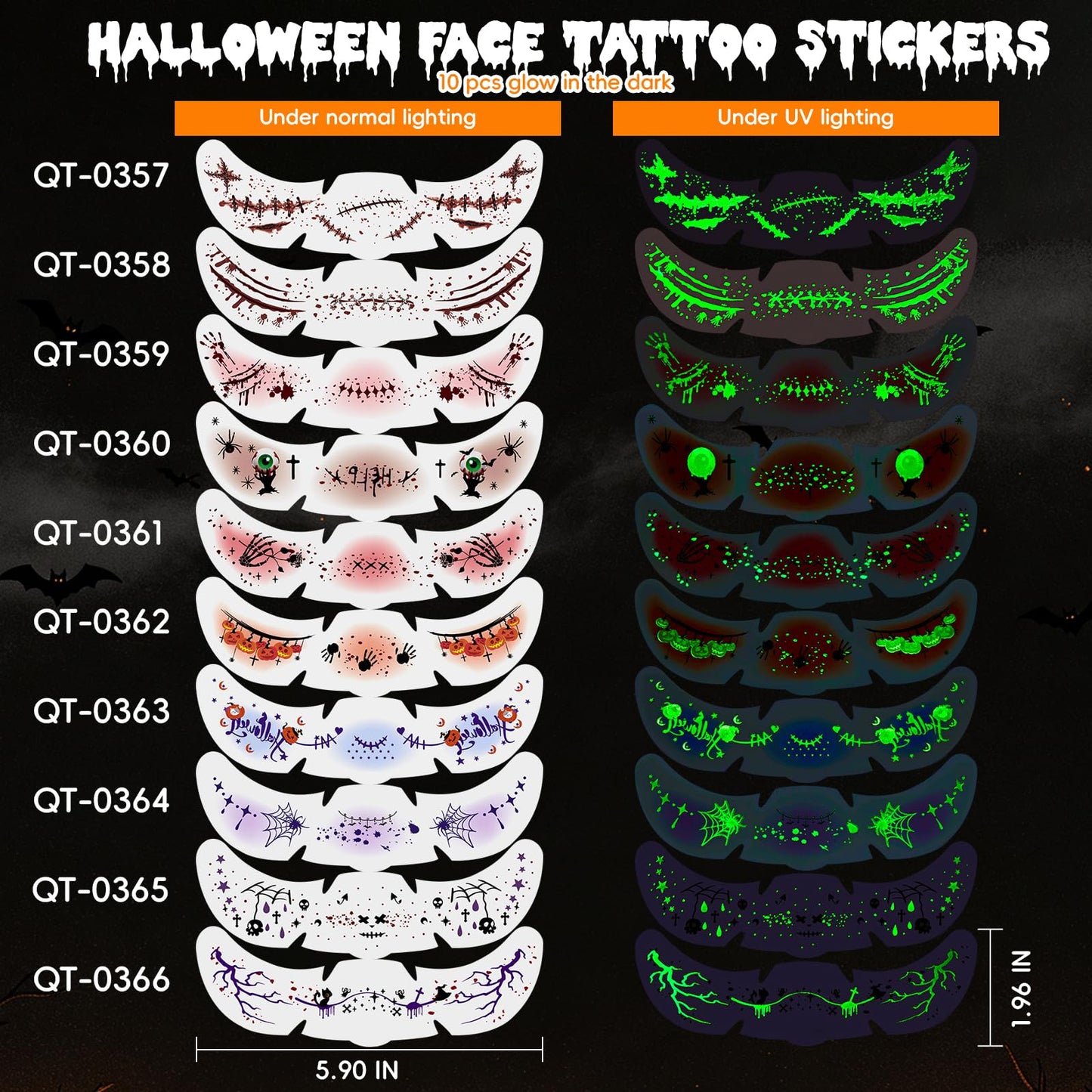 Glow in the Dark Halloween Glitter Freckles Temporary Tattoo Set