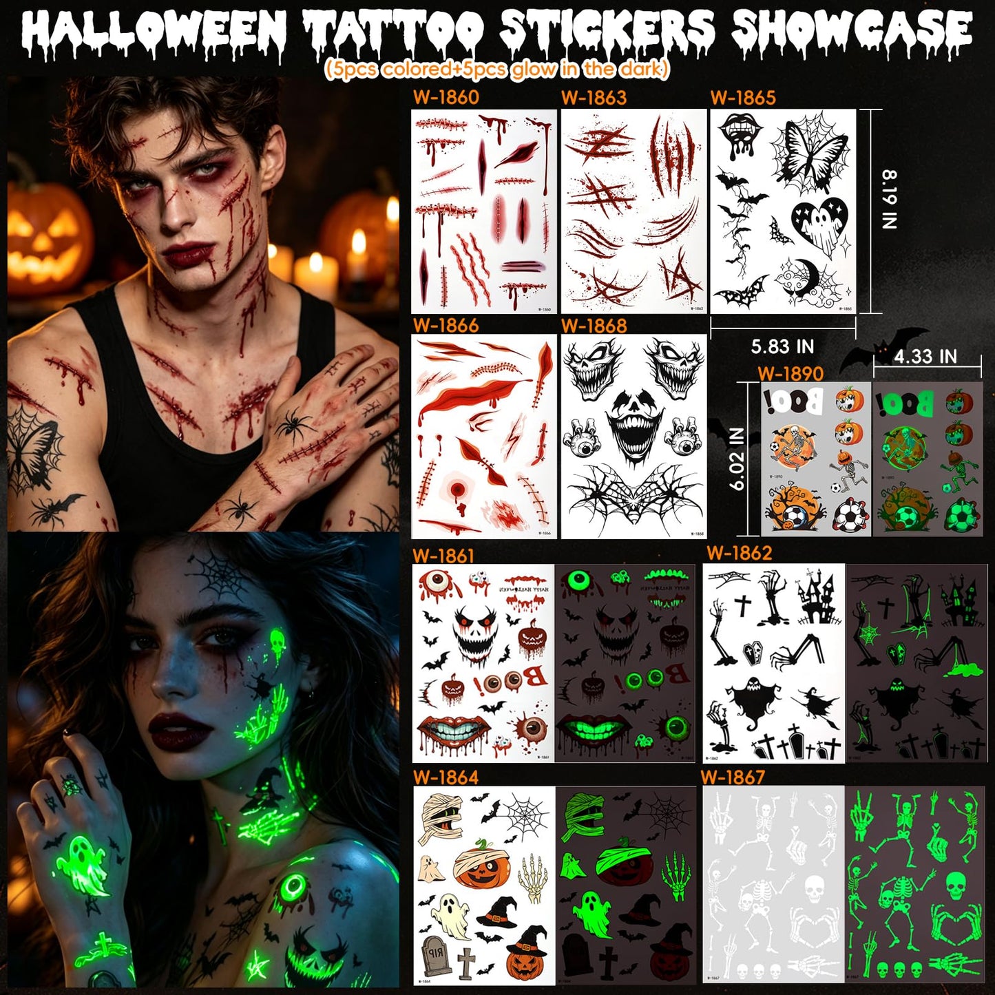 Glow in the Dark Halloween Glitter Freckles Temporary Tattoo Set