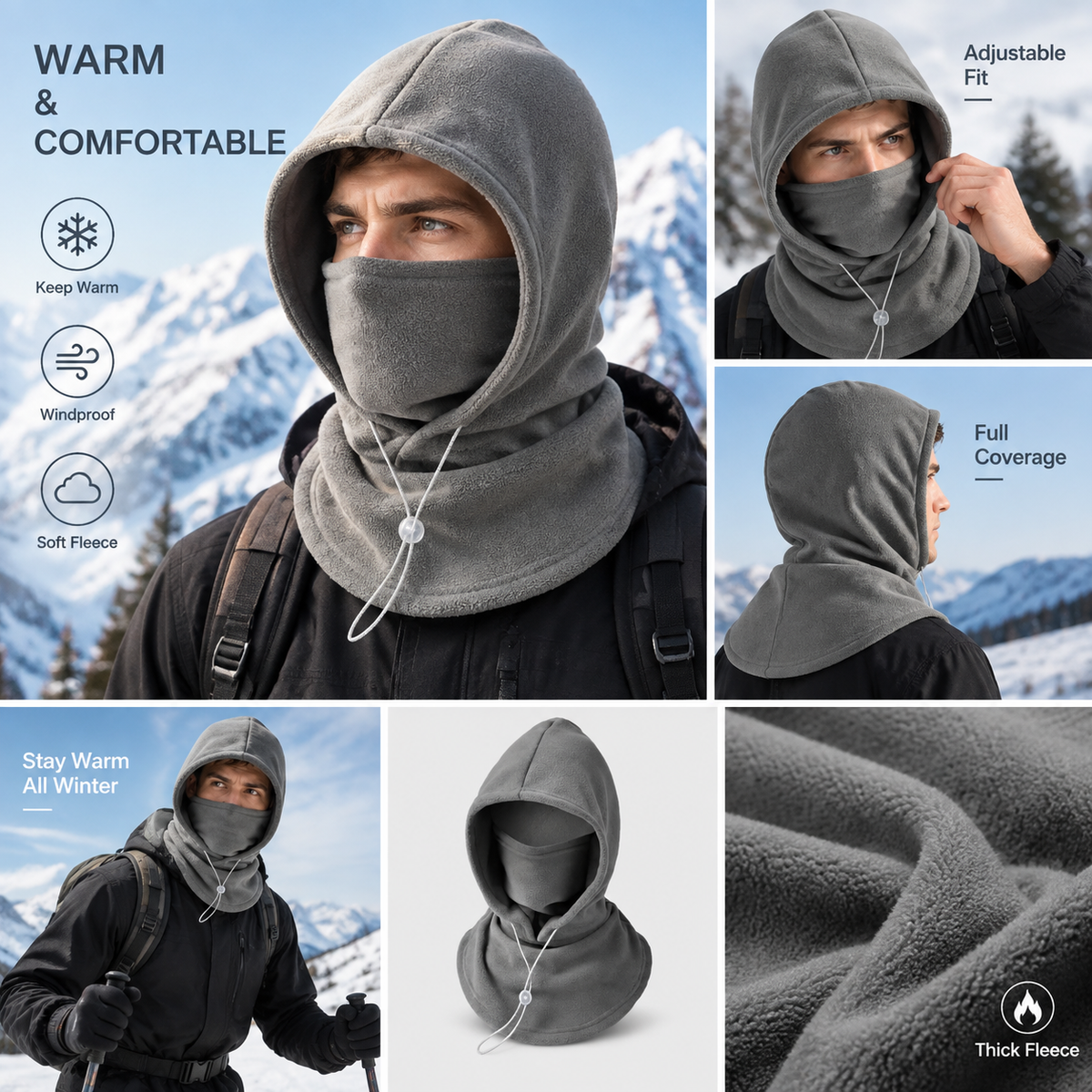 Full coverage fleece hood with face mask neck warmer and adjustable drawcord