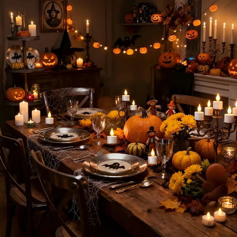 Flameless candles decorating a Halloween dinner table