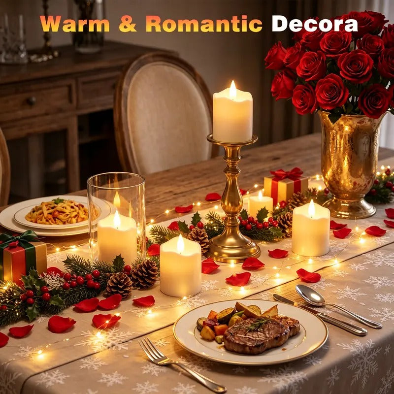 Warm flameless candles creating a romantic dinner table atmosphere