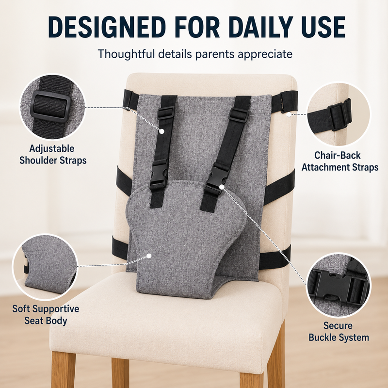 Baby chair harness adjustable straps buckle and chair attachment details