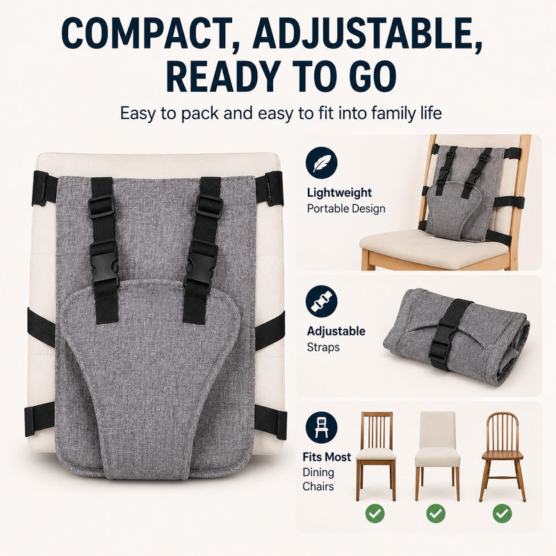 Adjustable baby chair harness shown on different dining chairs